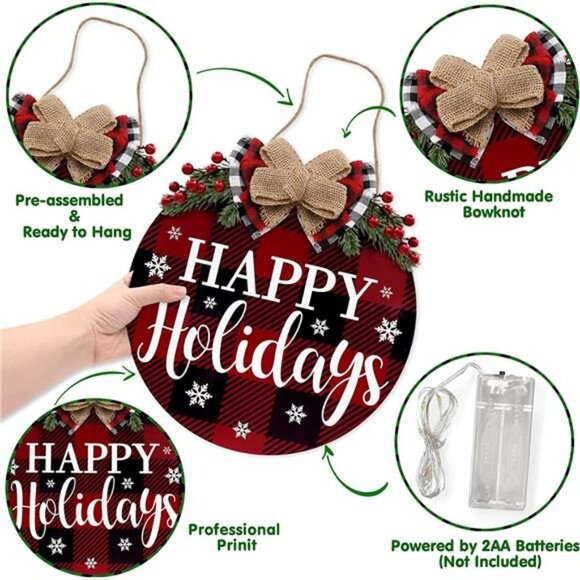 Happy Holiday Door Wreath Sign Christmas Decoration Buffalo Plaid 12 inches - Picture 2 of 7